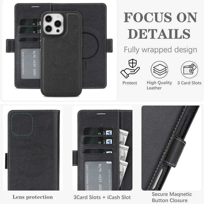 For iPhone 16 Pro Max Case Detachable 2 in 1 Leather Wallet Phone Cover Compatible with MagSafe - Black - 5