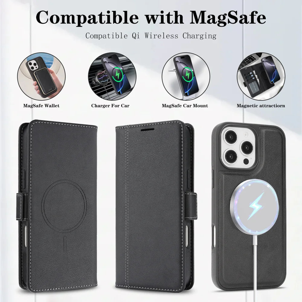 For iPhone 13 Pro Max Case Detachable 2 in 1 Leather Wallet Phone Cover Compatible with MagSafe - Black - 4