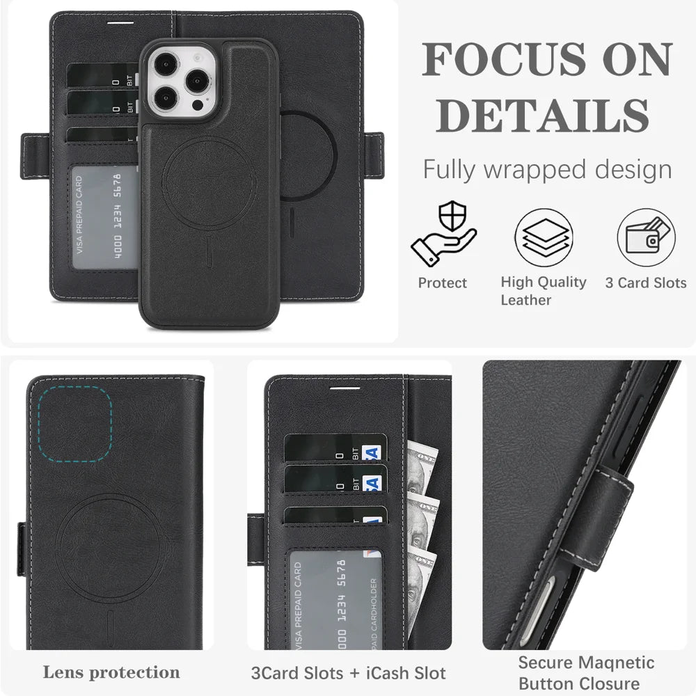 For iPhone 13 Pro Max Case Detachable 2 in 1 Leather Wallet Phone Cover Compatible with MagSafe - Black - 5