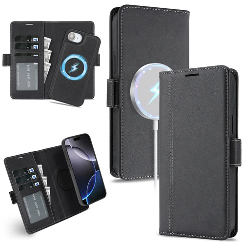For iPhone 17e / 16e Case Detachable 2 in 1 Leather Wallet Phone Cover Compatible with MagSafe - Black - 1