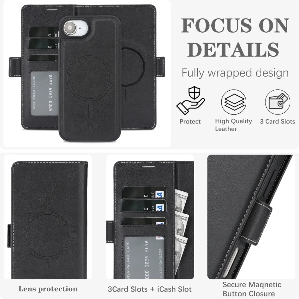 For iPhone 17e / 16e Case Detachable 2 in 1 Leather Wallet Phone Cover Compatible with MagSafe - Black - 4