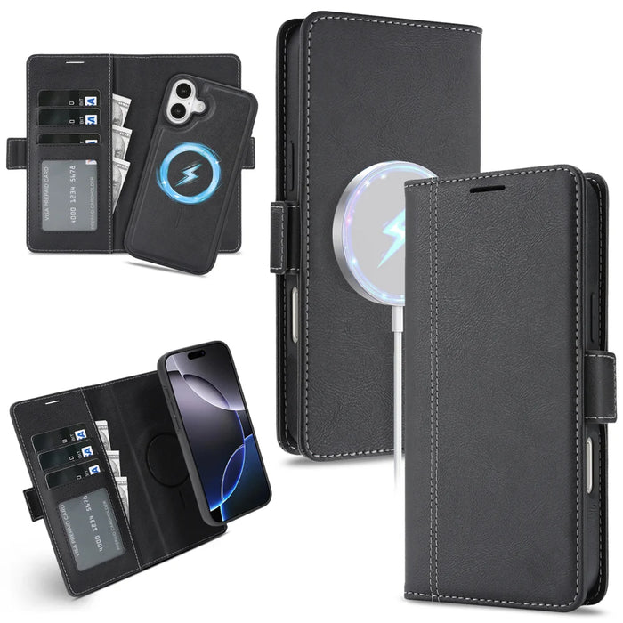 For iPhone 16 Case Detachable 2 in 1 Leather Wallet Phone Cover Compatible with MagSafe - Black - 1