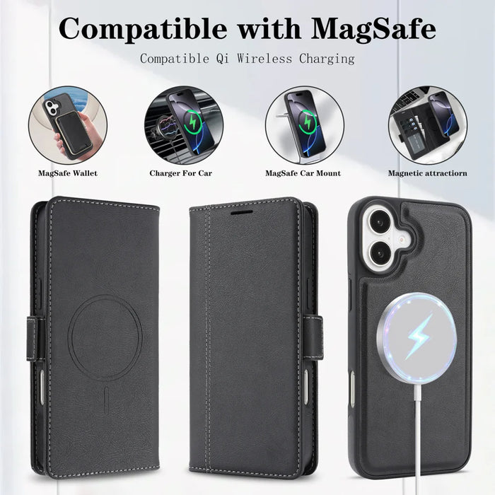 For iPhone 16 Case Detachable 2 in 1 Leather Wallet Phone Cover Compatible with MagSafe - Black - 4