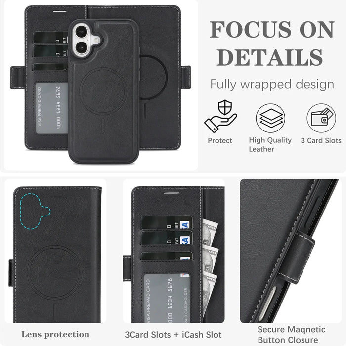 For iPhone 16 Case Detachable 2 in 1 Leather Wallet Phone Cover Compatible with MagSafe - Black - 5