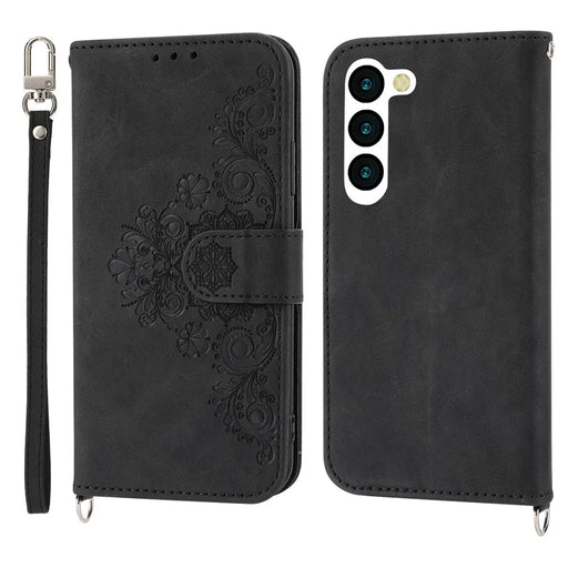 For Samsung Galaxy S23+ Imprinted Flowers Stand PU Leather Wallet Cover Skin-touch Multiple Card Slots Phone Case with Wrist Strap and Shoulder Strap - Black - 1