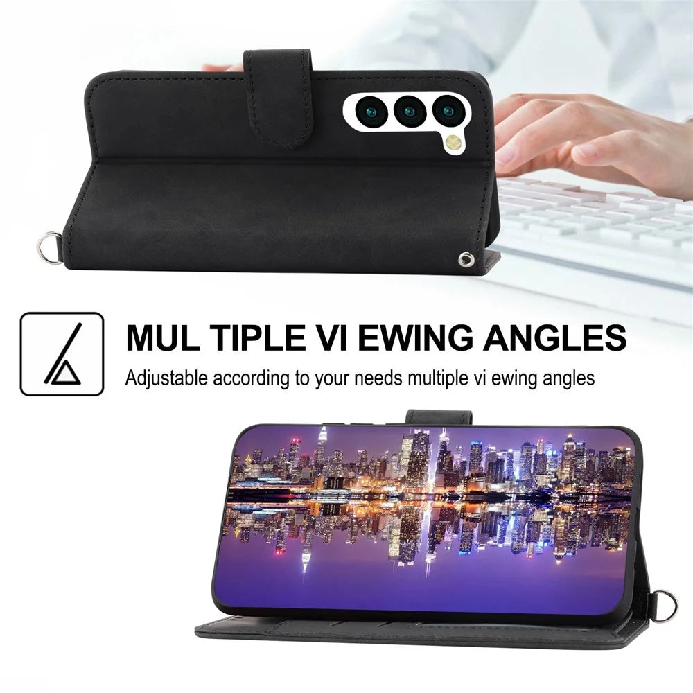 For Samsung Galaxy S23+ Imprinted Flowers Stand PU Leather Wallet Cover Skin-touch Multiple Card Slots Phone Case with Wrist Strap and Shoulder Strap - Black - 7