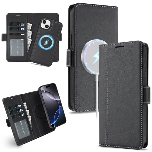For iPhone 15 Case Detachable 2 in 1 Leather Wallet Phone Cover Compatible with MagSafe - Black - 1