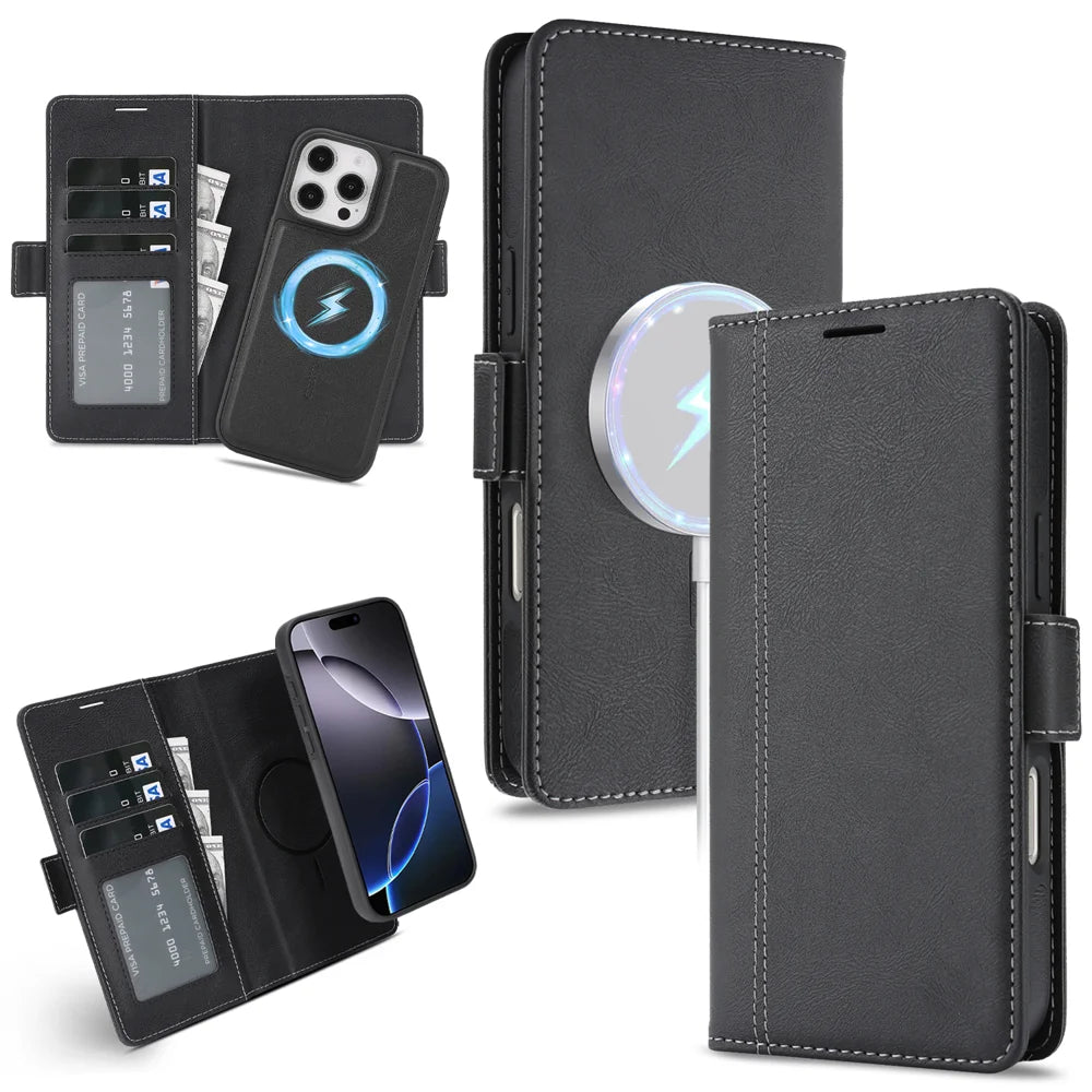 For iPhone 16 Pro Case Detachable 2 in 1 Leather Wallet Phone Cover Compatible with MagSafe - Black - 1