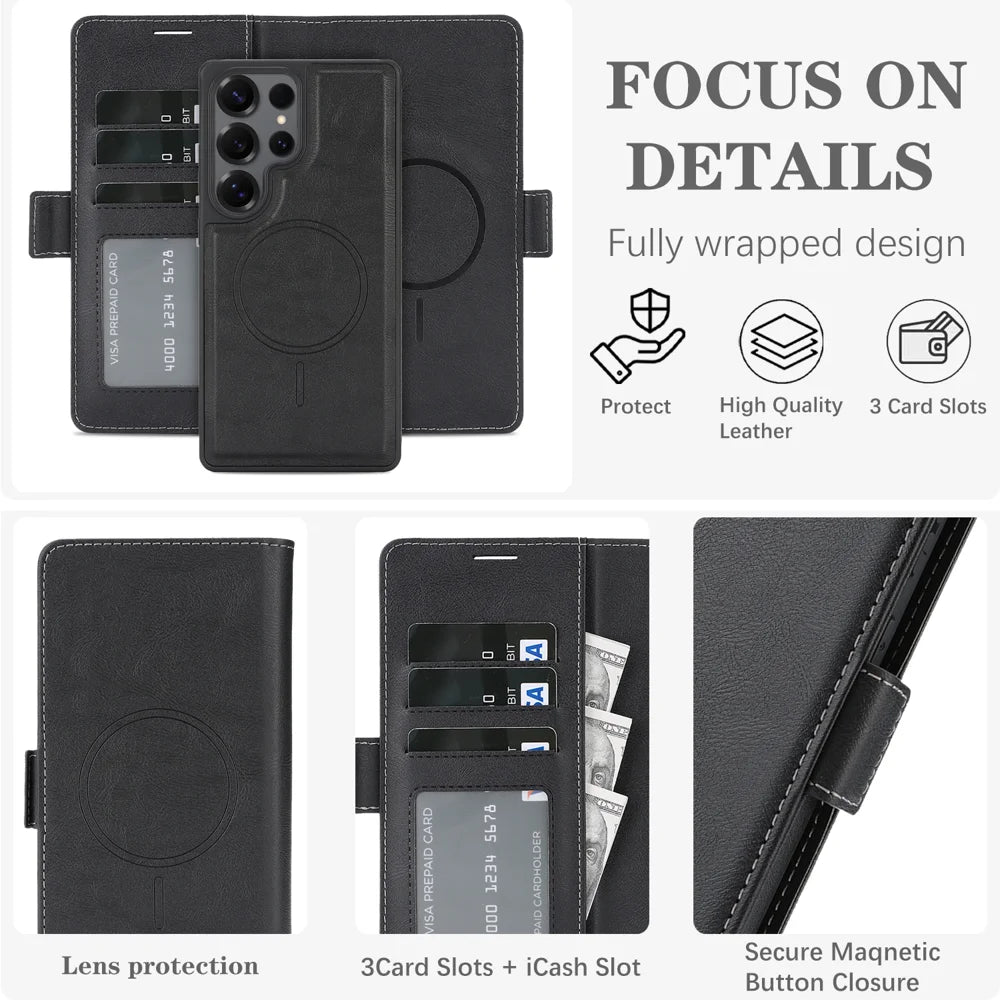 For Samsung Galaxy S23 Ultra Case Detachable 2 in 1 Leather Wallet Phone Cover Magnetic Case - Black - 5