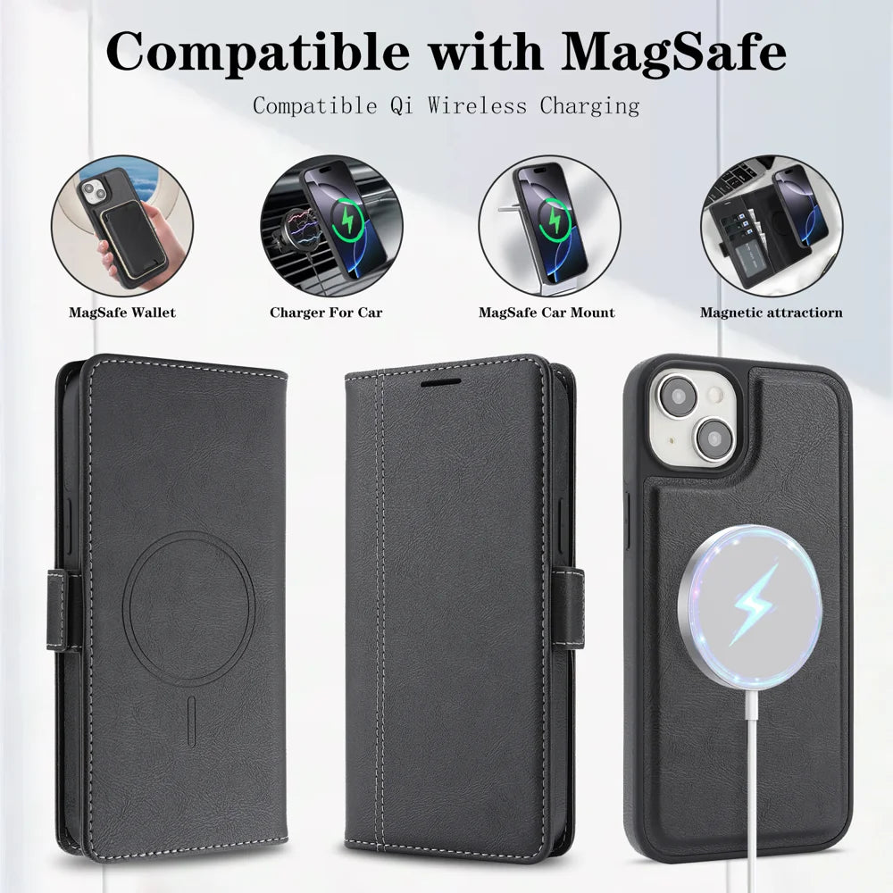 For iPhone 13 Case Detachable 2 in 1 Leather Wallet Phone Cover Compatible with MagSafe - Black - 4