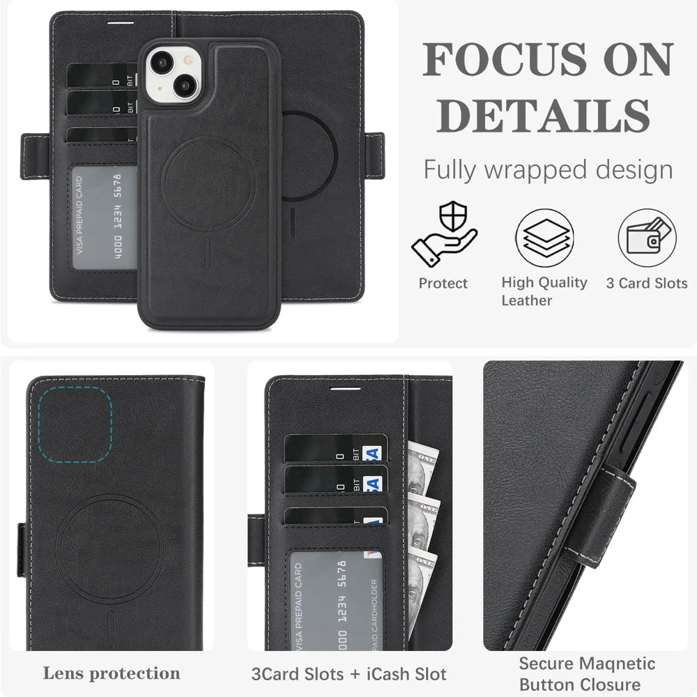 For iPhone 13 Case Detachable 2 in 1 Leather Wallet Phone Cover Compatible with MagSafe - Black - 5