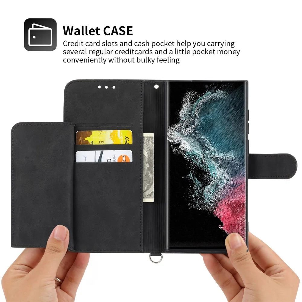 For Samsung Galaxy S23 Ultra Anti-scratch Phone Shell Skin-touch Multiple Card Slots Imprinted Flowers Stand Leather Wallet Cover with Wrist Strap and Shoulder Strap - Black - 3