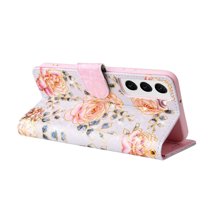 For Samsung Galaxy S23 PU Leather Shockproof Phone Stand Case Stylish Lacquered RFID Blocking Wallet Cover - Rose Flower - 5