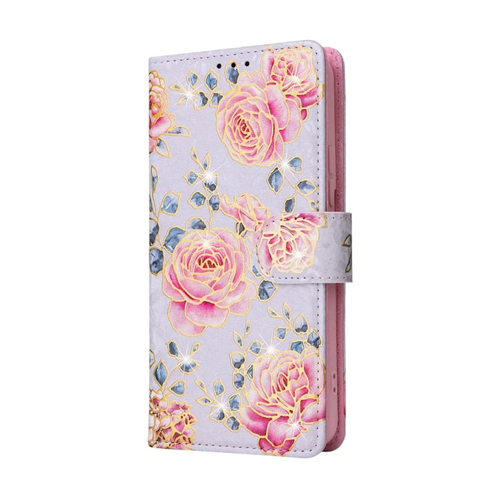 For Samsung Galaxy S23 PU Leather Shockproof Phone Stand Case Stylish Lacquered RFID Blocking Wallet Cover - Rose Flower - 6