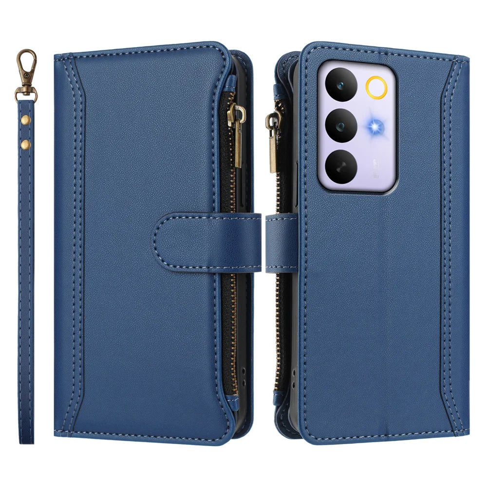 For Realme C85 Pro 4G Leather Case 9 Card Slots Zipper Wallet Stand Phone Cover with Wrist Strap - Dark Blue - 3