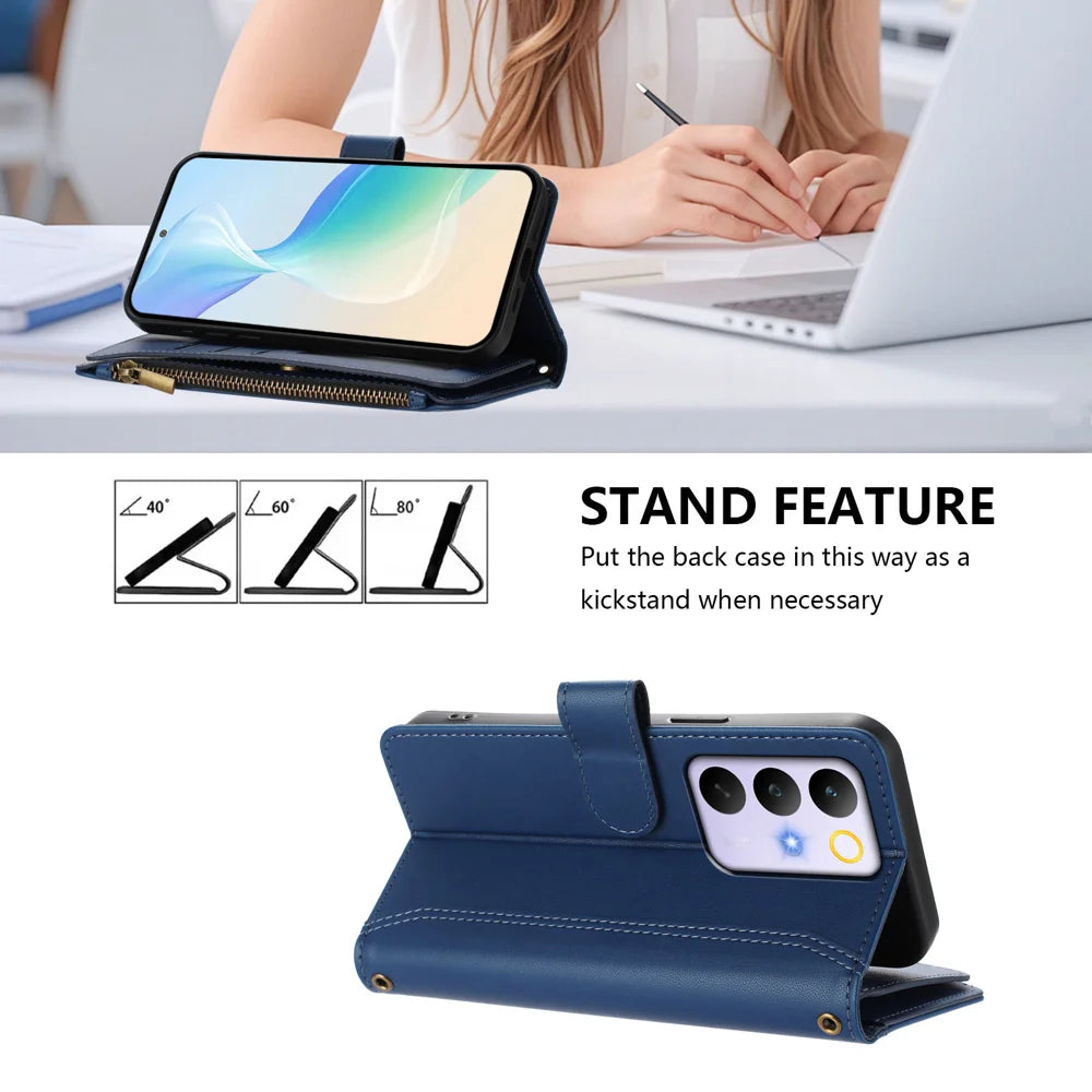 For Realme C85 Pro 4G Leather Case 9 Card Slots Zipper Wallet Stand Phone Cover with Wrist Strap - Dark Blue - 4