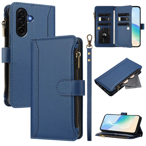 For Samsung Galaxy A37 5G / A36 5G / A56 5G Leather Case 9 Card Slots Zipper Wallet Stand Phone Cover with Wrist Strap - Dark Blue - 1