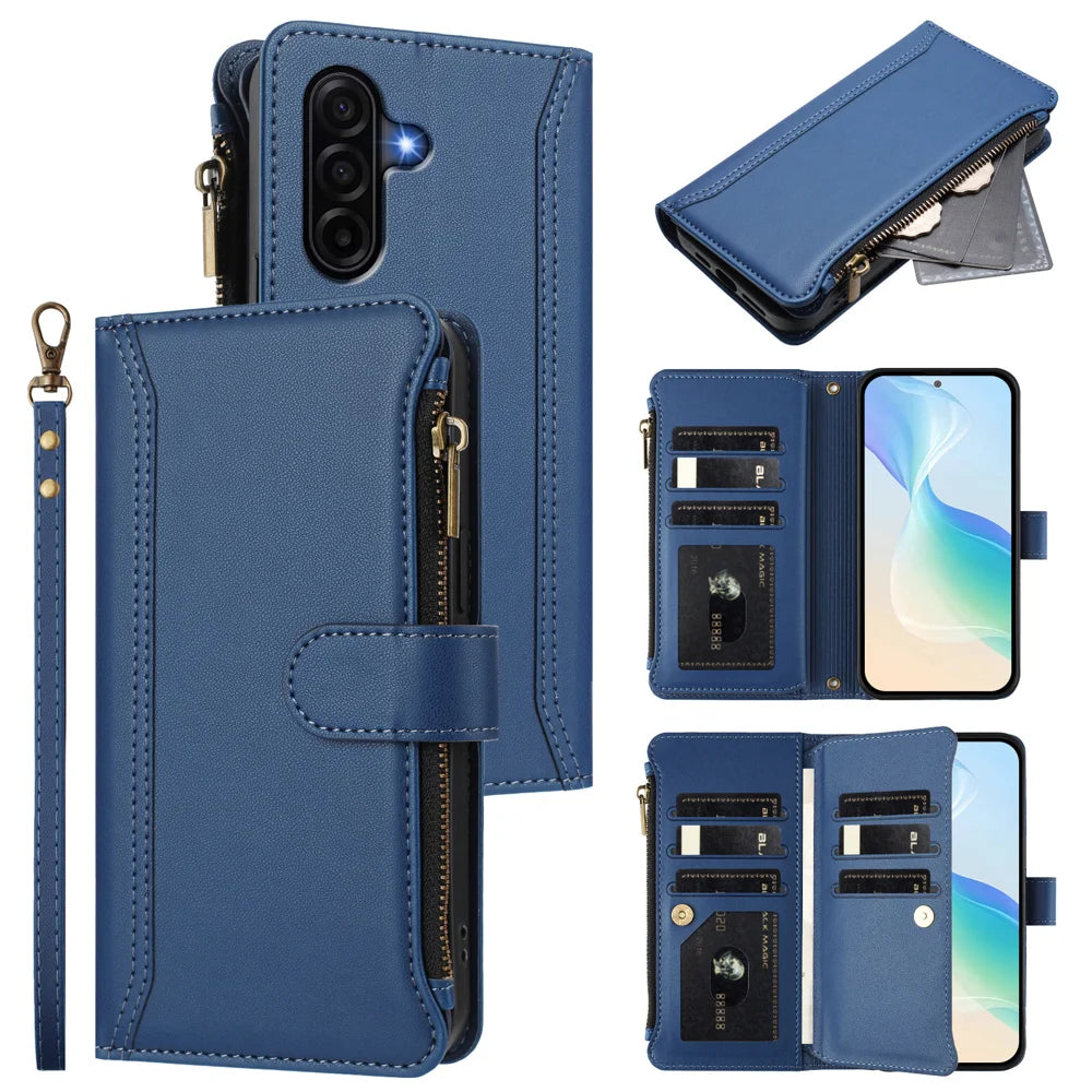 For Samsung Galaxy A37 5G / A36 5G / A56 5G Leather Case 9 Card Slots Zipper Wallet Stand Phone Cover with Wrist Strap - Dark Blue - 2