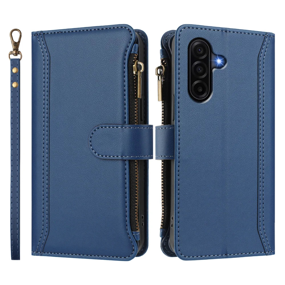 For Samsung Galaxy A37 5G / A36 5G / A56 5G Leather Case 9 Card Slots Zipper Wallet Stand Phone Cover with Wrist Strap - Dark Blue - 3