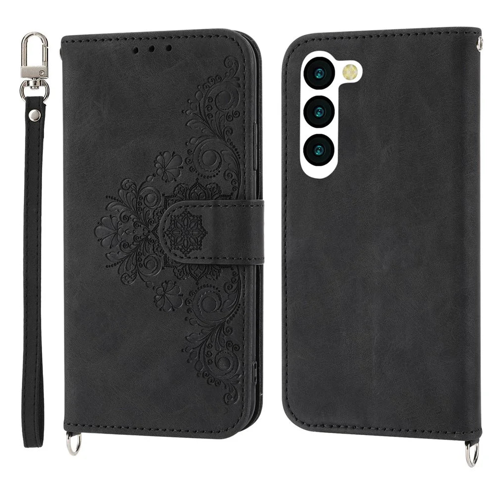 For Samsung Galaxy S23 Skin-touch PU Leather Imprinted Flowers Phone Wallet Case Multiple Card Slots Stand Cover with Wrist Strap and Shoulder Strap - Black - 1