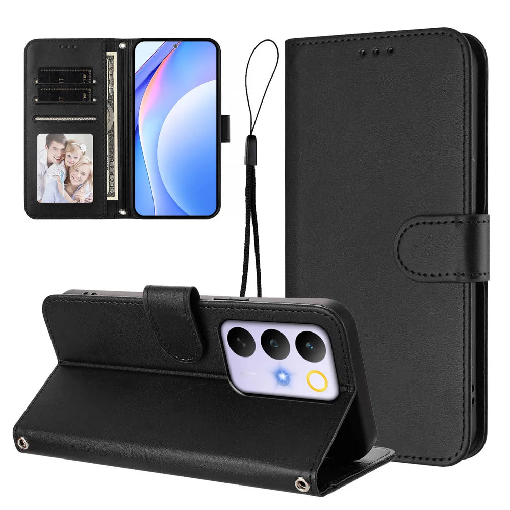 For Realme C85 Pro 4G Wallet Case RFID Blocking Calf Texture Leather Stand Phone Cover with Strap - Black - 3