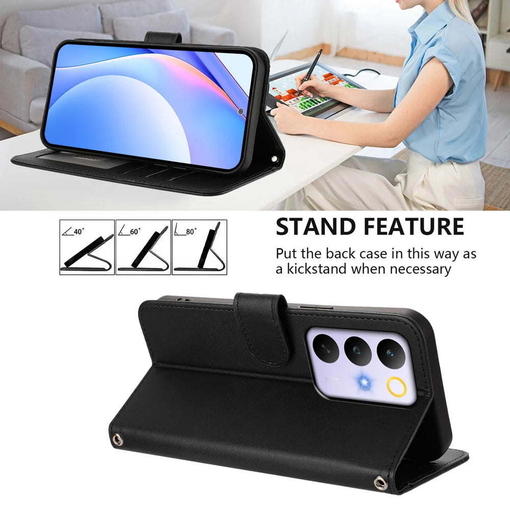 For Realme C85 Pro 4G Wallet Case RFID Blocking Calf Texture Leather Stand Phone Cover with Strap - Black - 4