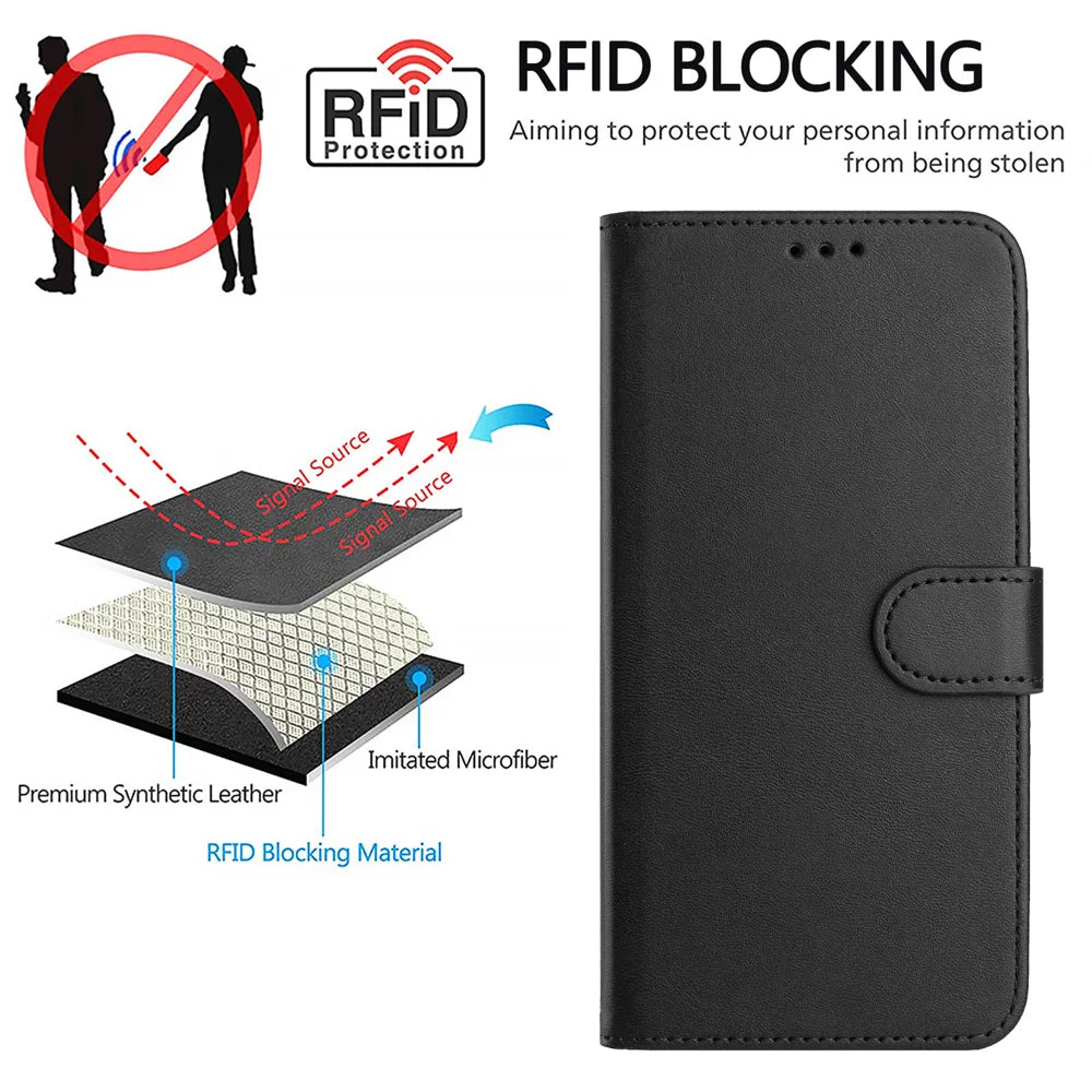For Realme C85 Pro 4G Wallet Case RFID Blocking Calf Texture Leather Stand Phone Cover with Strap - Black - 6