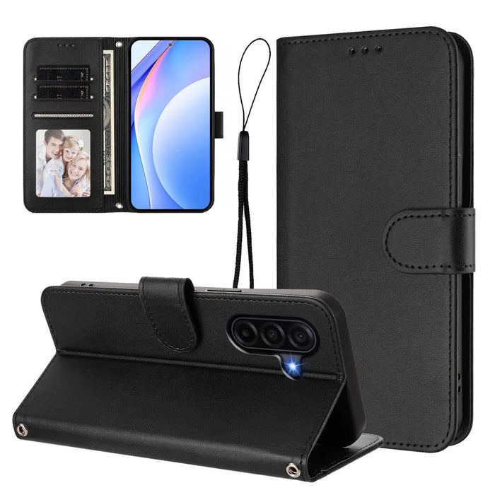 For Samsung Galaxy A37 5G / A36 5G / A56 5G Wallet Case RFID Blocking Calf Texture Leather Stand Phone Cover with Strap - Black - 3