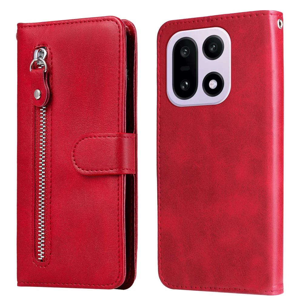 For OnePlus 15 5G PU Leather Cases with Zipper Pocket Wallet Phone Cover Stand - Red - 1