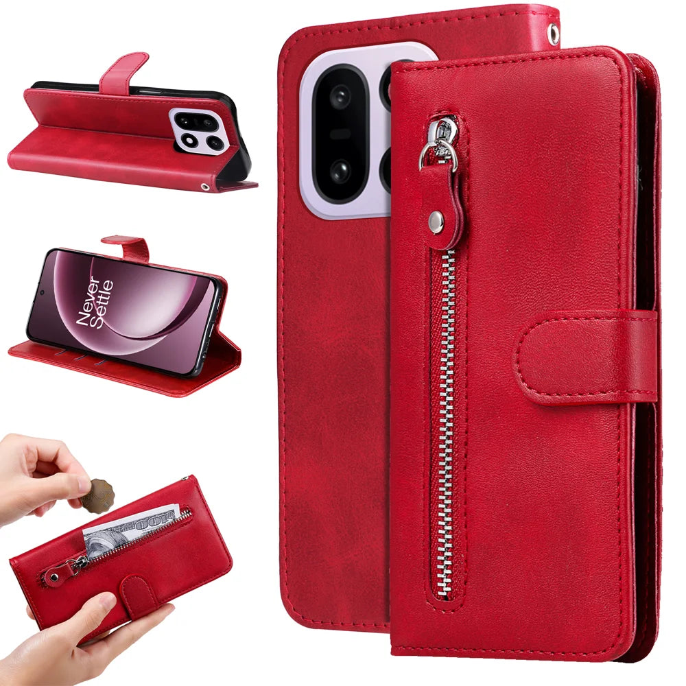 For OnePlus 15 5G PU Leather Cases with Zipper Pocket Wallet Phone Cover Stand - Red - 2