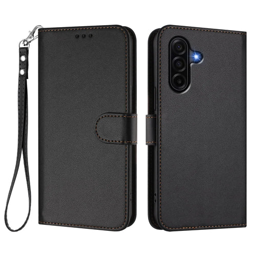 For Samsung Galaxy A37 5G / A36 5G / A56 5G Leather Case Wallet Stand Phone Cover with Wrist Strap - Black - 1