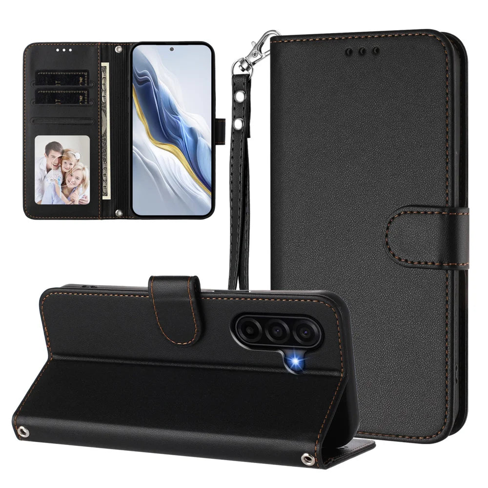 For Samsung Galaxy A37 5G / A36 5G / A56 5G Leather Case Wallet Stand Phone Cover with Wrist Strap - Black - 3
