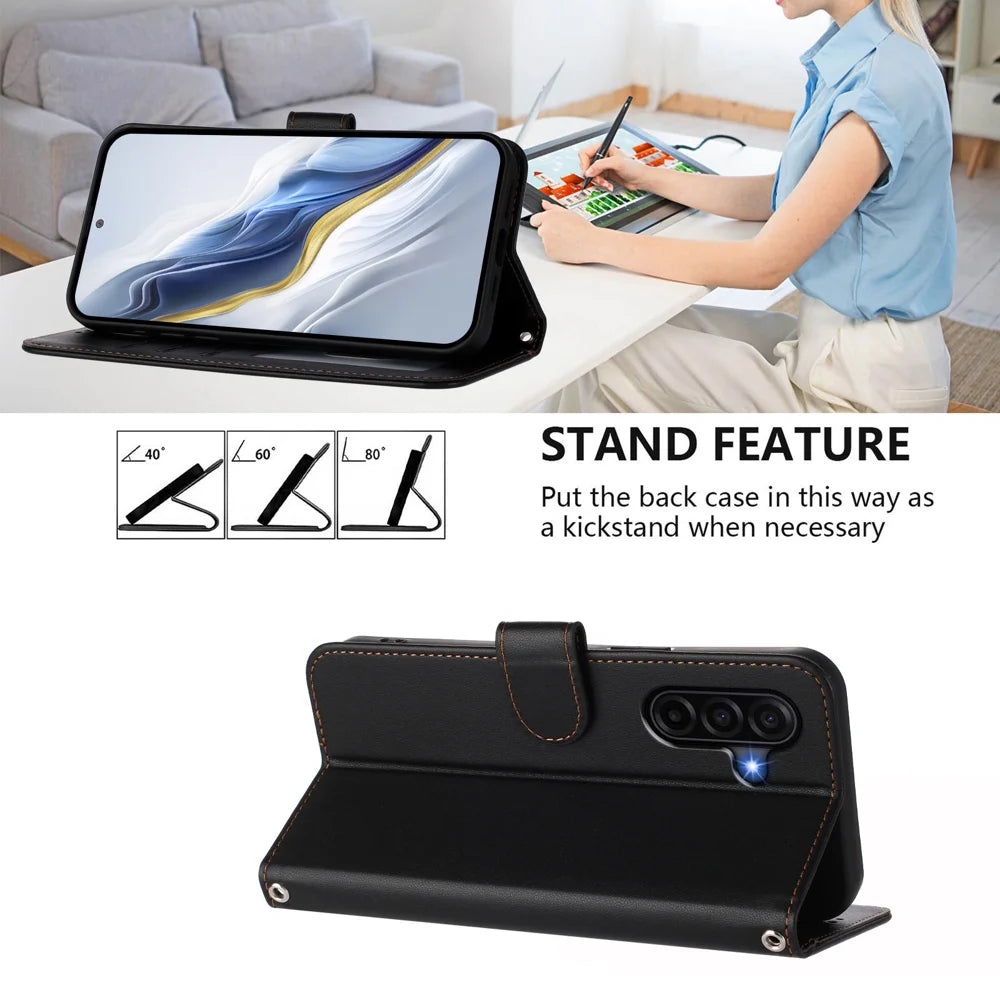 For Samsung Galaxy A37 5G / A36 5G / A56 5G Leather Case Wallet Stand Phone Cover with Wrist Strap - Black - 4