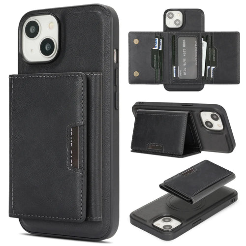 For iPhone 13 Kickstand Case Tri-fold Card Bag PU Leather Coated TPU Cover Compatible with MagSafe - Black - 1