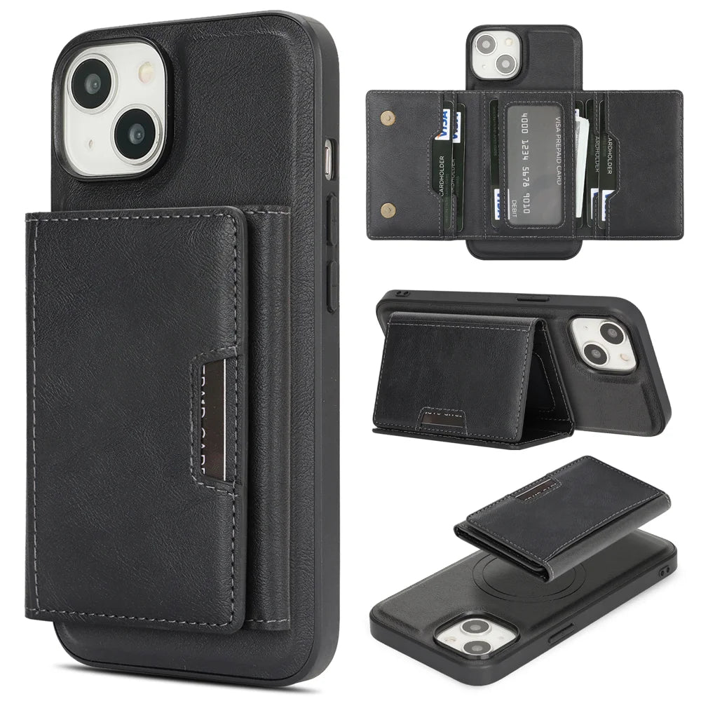 For iPhone 13 Kickstand Case Tri-fold Card Bag PU Leather Coated TPU Cover Compatible with MagSafe - Black - 1