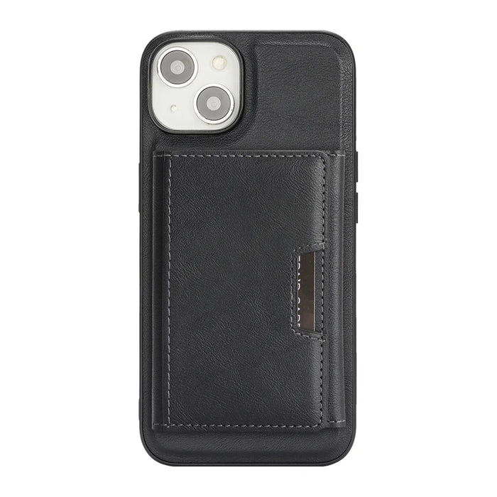 For iPhone 13 Kickstand Case Tri-fold Card Bag PU Leather Coated TPU Cover Compatible with MagSafe - Black - 2