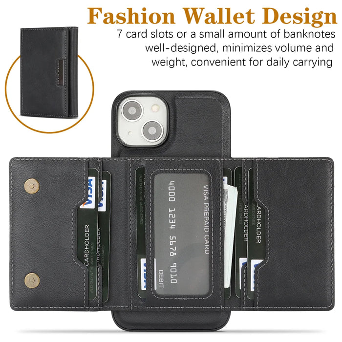 For iPhone 13 Kickstand Case Tri-fold Card Bag PU Leather Coated TPU Cover Compatible with MagSafe - Black - 3