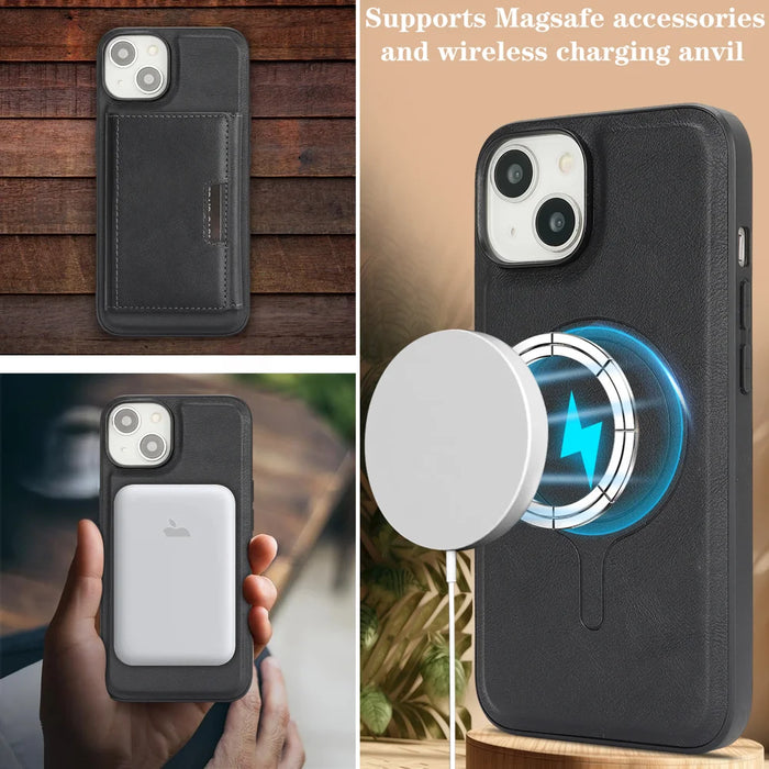 For iPhone 13 Kickstand Case Tri-fold Card Bag PU Leather Coated TPU Cover Compatible with MagSafe - Black - 4
