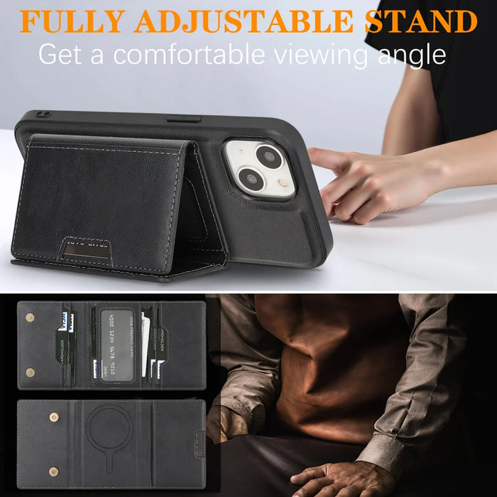 For iPhone 13 Kickstand Case Tri-fold Card Bag PU Leather Coated TPU Cover Compatible with MagSafe - Black - 5