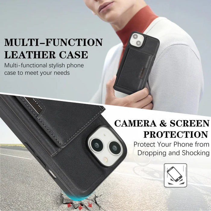 For iPhone 13 Kickstand Case Tri-fold Card Bag PU Leather Coated TPU Cover Compatible with MagSafe - Black - 6