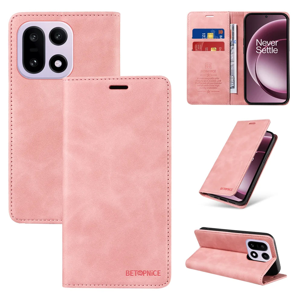 BETOPNICE For OnePlus 15 5G Case  Magnetic Closure RFID Blocking Wallet Stand Leather Phone Cover - Pink - 3