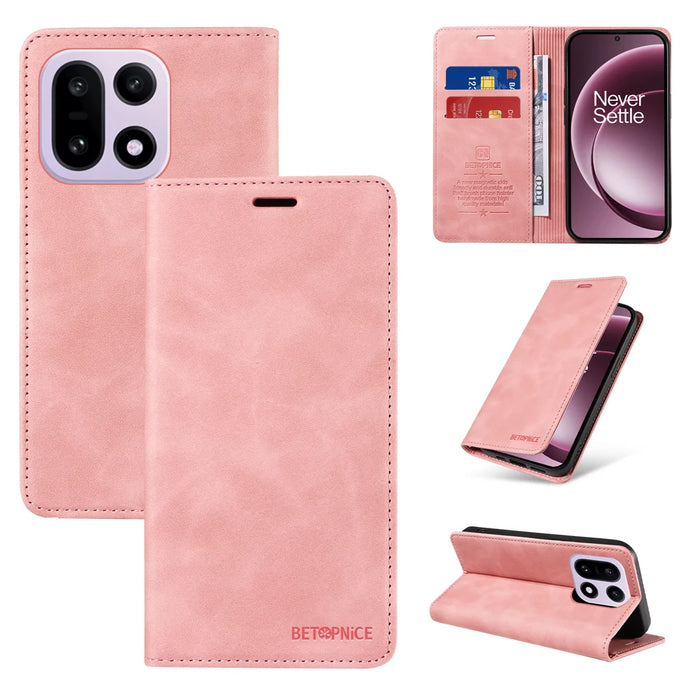 BETOPNICE For OnePlus 15 5G Case  Magnetic Closure RFID Blocking Wallet Stand Leather Phone Cover - Pink - 3