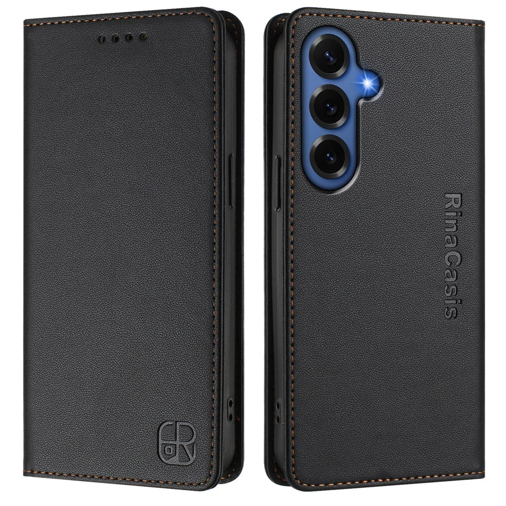 For Samsung Galaxy S26+ Leather Case RINACASIS RC01 Phone Cover with RFID Blocking Wallet Stand - Black - 1