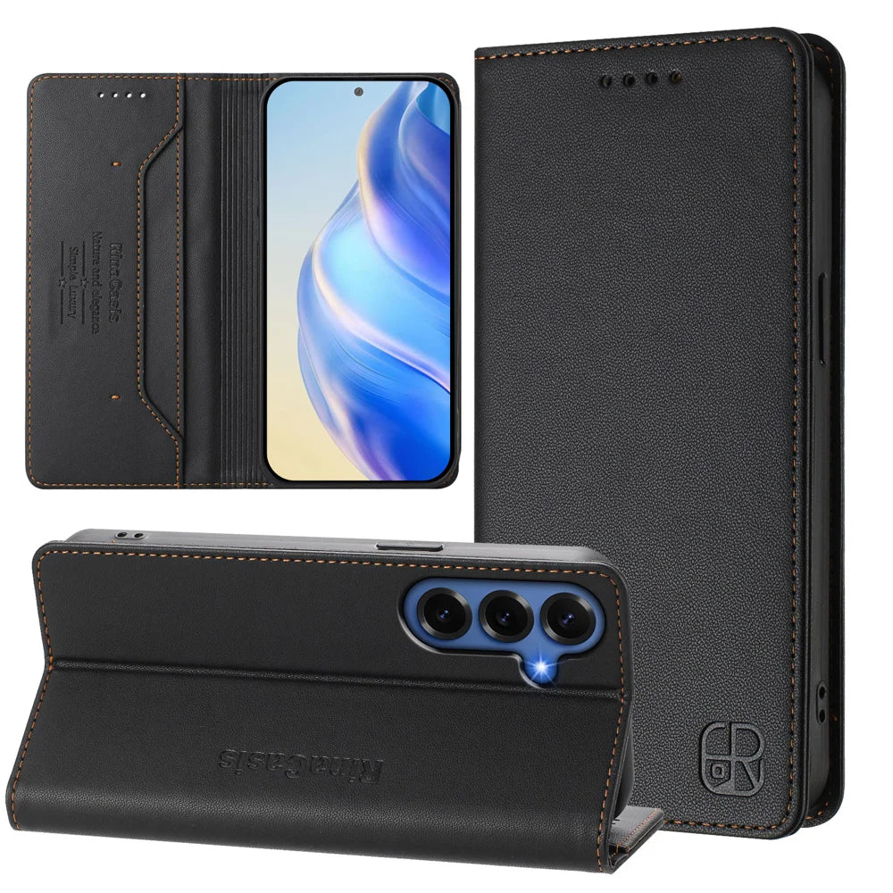 For Samsung Galaxy S26+ Leather Case RINACASIS RC01 Phone Cover with RFID Blocking Wallet Stand - Black - 3