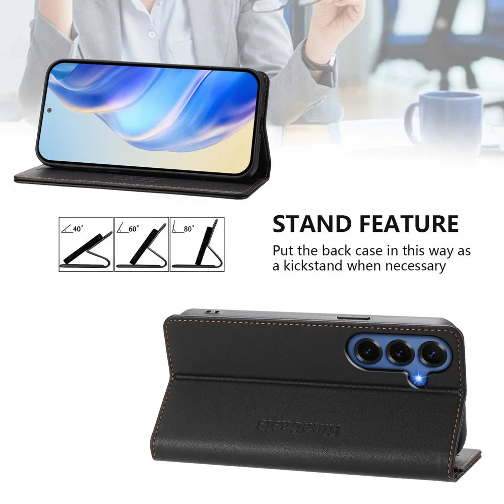 For Samsung Galaxy S26+ Leather Case RINACASIS RC01 Phone Cover with RFID Blocking Wallet Stand - Black - 4