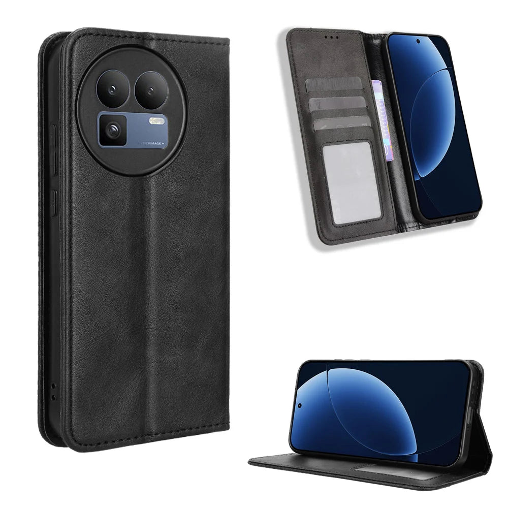 For Realme GT 8 5G Leather Case Wallet Stand Retro Texture Phone Cover - Black - 1