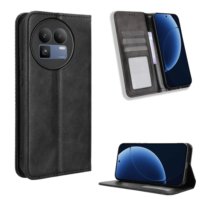 For Realme GT 8 5G Leather Case Wallet Stand Retro Texture Phone Cover - Black - 1