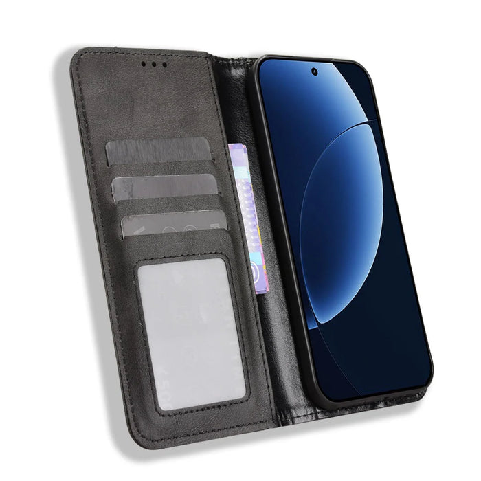 For Realme GT 8 5G Leather Case Wallet Stand Retro Texture Phone Cover - Black - 6