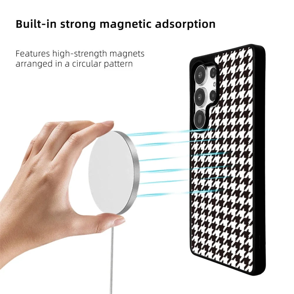 EYCASE For Samsung Galaxy S26 Ultra Magnetic Case  Grid Series Black Edge TPU + Acrylic Cover with Black Edge - Black White Houndstooth - 3