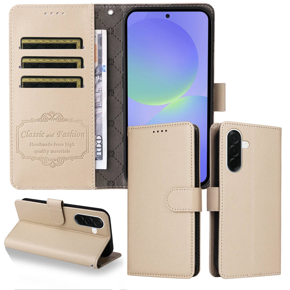 For Samsung Galaxy A37 5G Case RFID Blocking 3 Card Slots PU Leather Phone Cover with Wrist Strap - Creamy White - 3